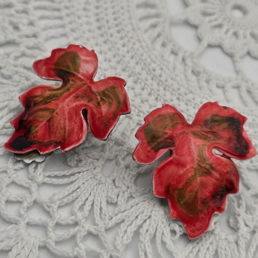 Vintage Red Enamel Fall Leaf Clip On Earrings Autumn Harvest Thanksgiving